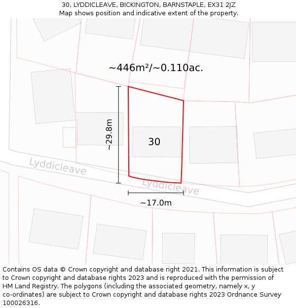 30, LYDDICLEAVE, BICKINGTON, BARNSTAPLE, EX31 2JZ: Plot and title map