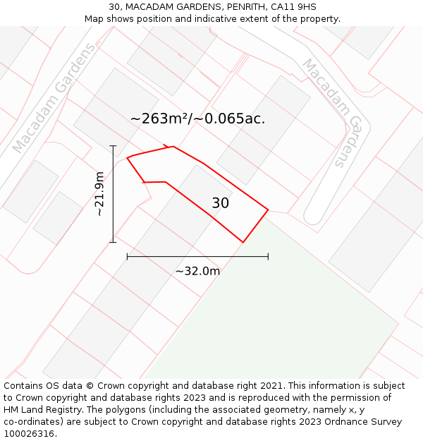 30, MACADAM GARDENS, PENRITH, CA11 9HS: Plot and title map