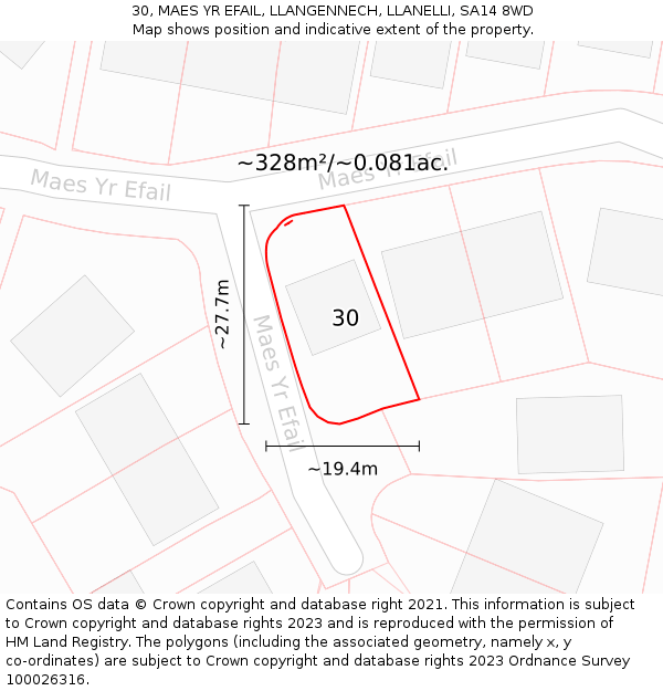 30, MAES YR EFAIL, LLANGENNECH, LLANELLI, SA14 8WD: Plot and title map