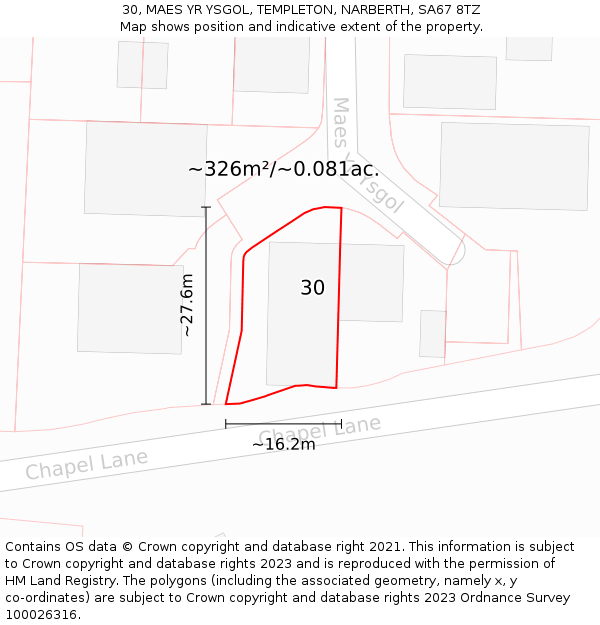 30, MAES YR YSGOL, TEMPLETON, NARBERTH, SA67 8TZ: Plot and title map