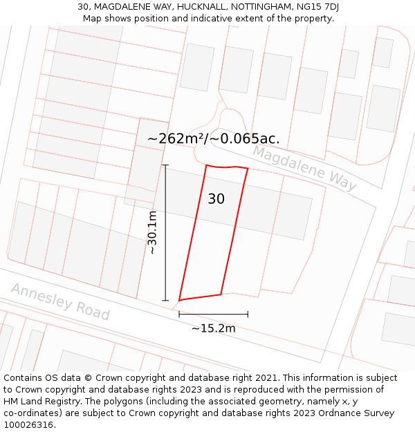 30, MAGDALENE WAY, HUCKNALL, NOTTINGHAM, NG15 7DJ: Plot and title map