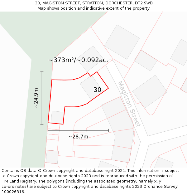 30, MAGISTON STREET, STRATTON, DORCHESTER, DT2 9WB: Plot and title map