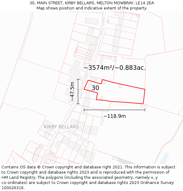 30, MAIN STREET, KIRBY BELLARS, MELTON MOWBRAY, LE14 2EA: Plot and title map