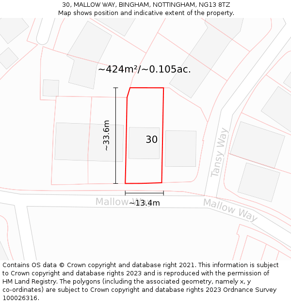 30, MALLOW WAY, BINGHAM, NOTTINGHAM, NG13 8TZ: Plot and title map