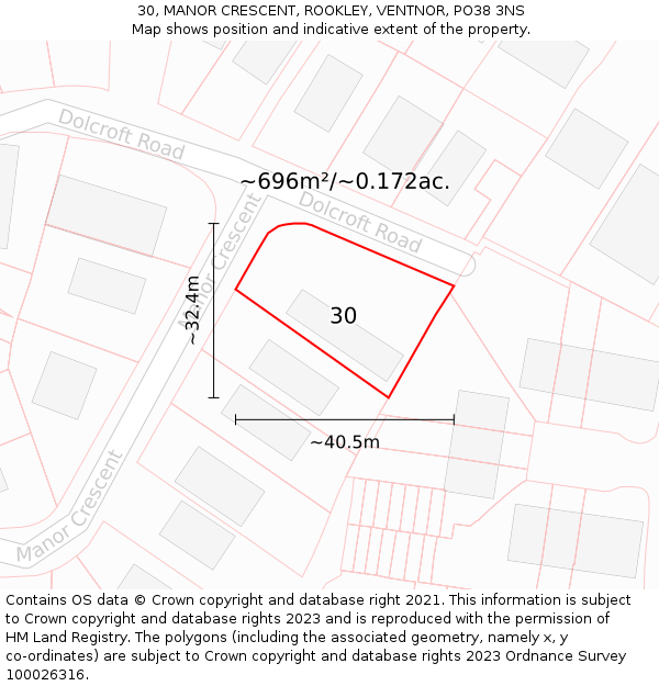 30, MANOR CRESCENT, ROOKLEY, VENTNOR, PO38 3NS: Plot and title map