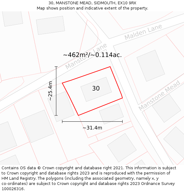 30, MANSTONE MEAD, SIDMOUTH, EX10 9RX: Plot and title map