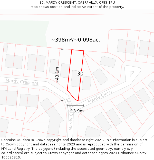 30, MARDY CRESCENT, CAERPHILLY, CF83 1PU: Plot and title map