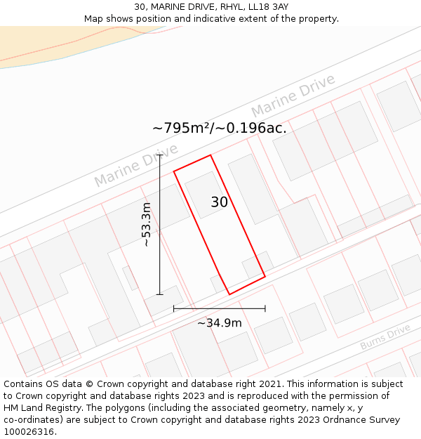 30, MARINE DRIVE, RHYL, LL18 3AY: Plot and title map