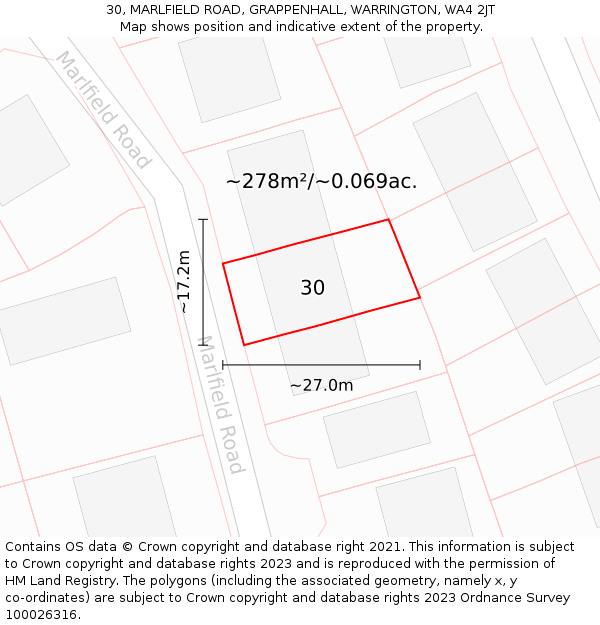 30, MARLFIELD ROAD, GRAPPENHALL, WARRINGTON, WA4 2JT: Plot and title map