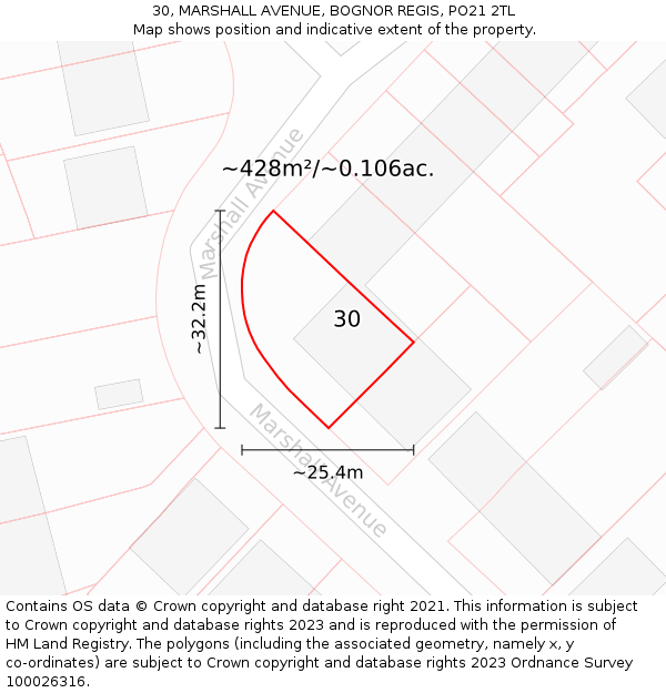 30, MARSHALL AVENUE, BOGNOR REGIS, PO21 2TL: Plot and title map