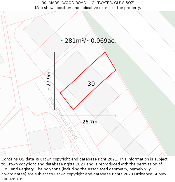 30, MARSHWOOD ROAD, LIGHTWATER, GU18 5QZ: Plot and title map