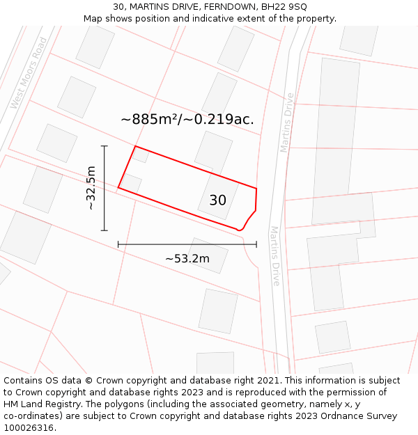 30, MARTINS DRIVE, FERNDOWN, BH22 9SQ: Plot and title map