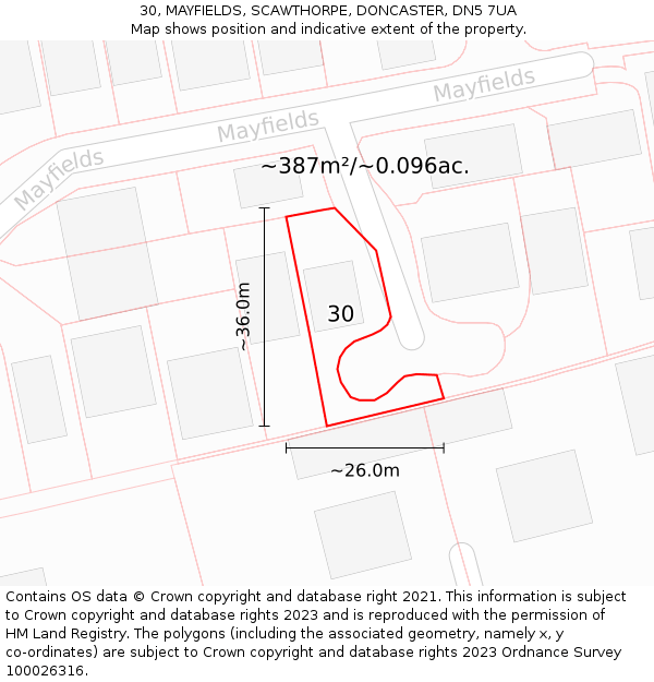 30, MAYFIELDS, SCAWTHORPE, DONCASTER, DN5 7UA: Plot and title map