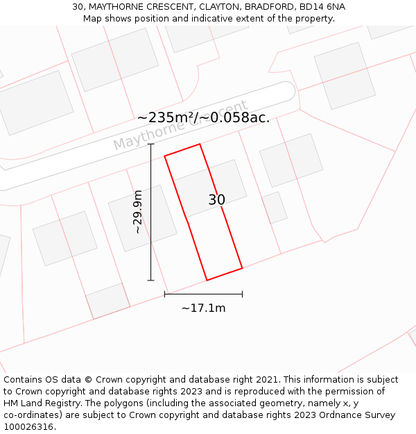 30, MAYTHORNE CRESCENT, CLAYTON, BRADFORD, BD14 6NA: Plot and title map