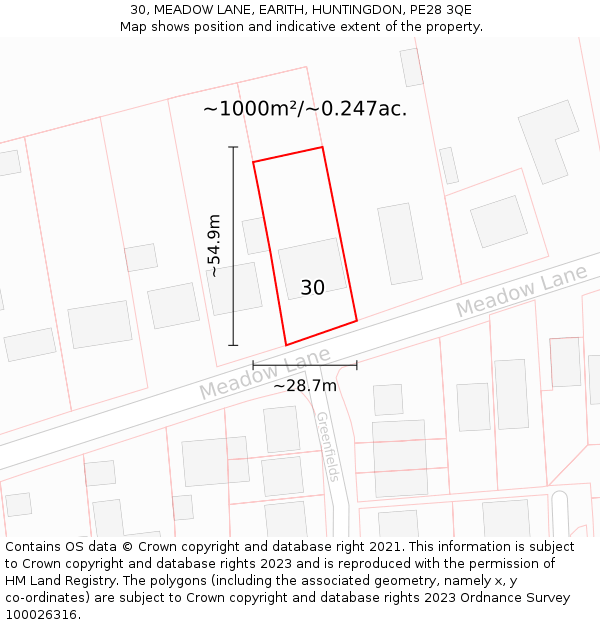 30, MEADOW LANE, EARITH, HUNTINGDON, PE28 3QE: Plot and title map