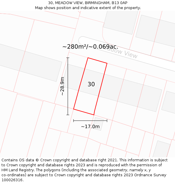 30, MEADOW VIEW, BIRMINGHAM, B13 0AP: Plot and title map