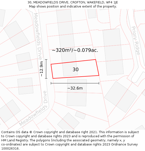 30, MEADOWFIELDS DRIVE, CROFTON, WAKEFIELD, WF4 1JE: Plot and title map