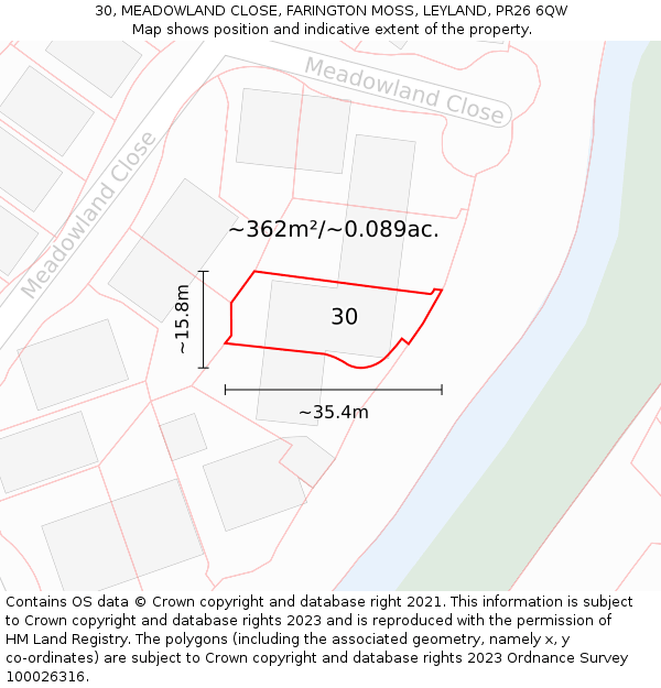 30, MEADOWLAND CLOSE, FARINGTON MOSS, LEYLAND, PR26 6QW: Plot and title map