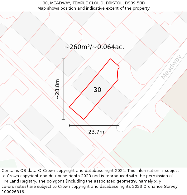 30, MEADWAY, TEMPLE CLOUD, BRISTOL, BS39 5BD: Plot and title map
