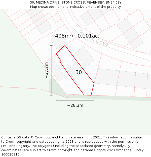 30, MEDINA DRIVE, STONE CROSS, PEVENSEY, BN24 5EY: Plot and title map