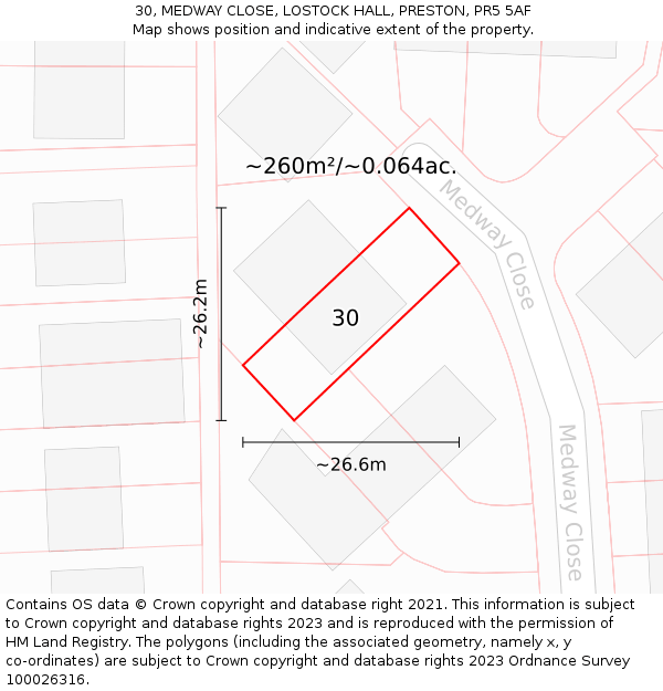 30, MEDWAY CLOSE, LOSTOCK HALL, PRESTON, PR5 5AF: Plot and title map