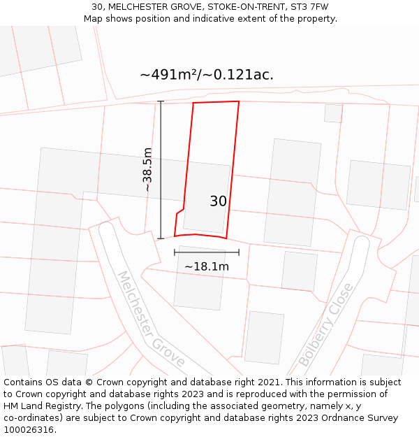 30, MELCHESTER GROVE, STOKE-ON-TRENT, ST3 7FW: Plot and title map