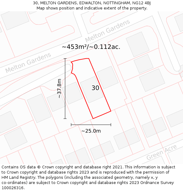 30, MELTON GARDENS, EDWALTON, NOTTINGHAM, NG12 4BJ: Plot and title map