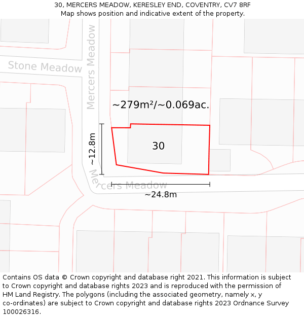 30, MERCERS MEADOW, KERESLEY END, COVENTRY, CV7 8RF: Plot and title map
