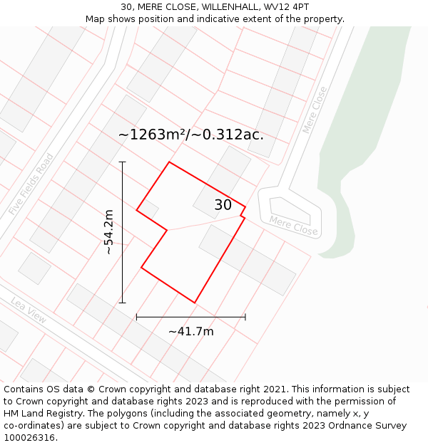 30, MERE CLOSE, WILLENHALL, WV12 4PT: Plot and title map