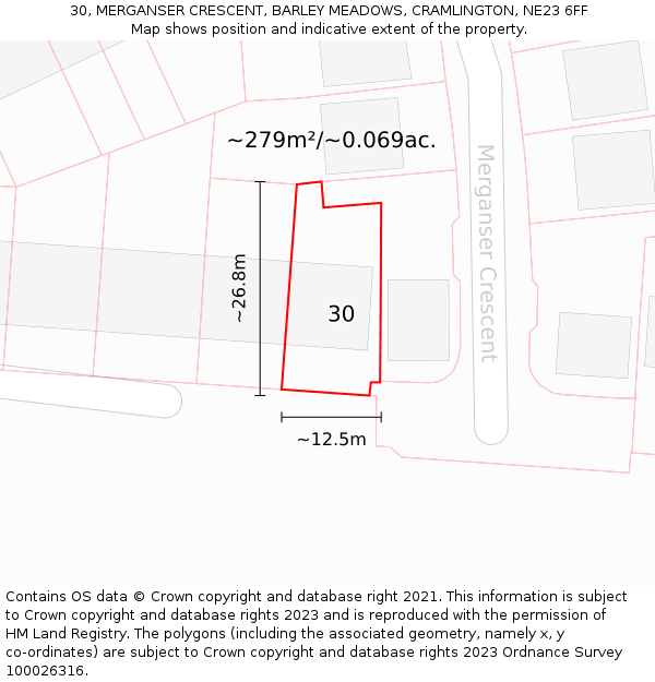 30, MERGANSER CRESCENT, BARLEY MEADOWS, CRAMLINGTON, NE23 6FF: Plot and title map