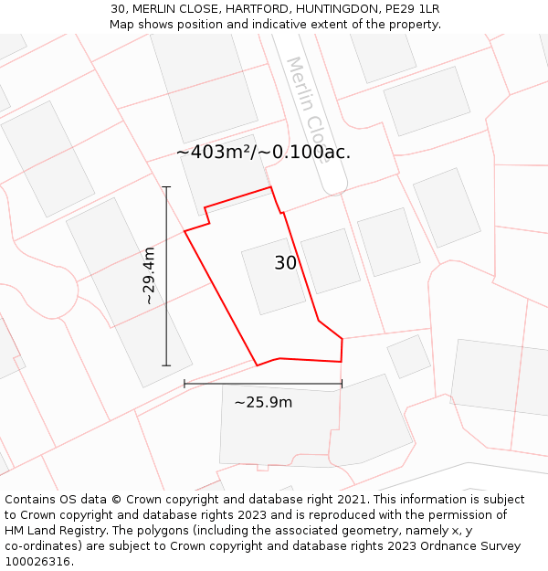 30, MERLIN CLOSE, HARTFORD, HUNTINGDON, PE29 1LR: Plot and title map