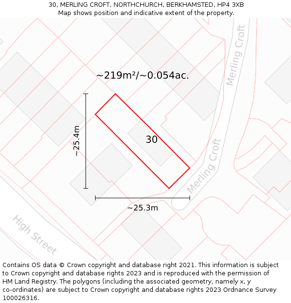 30, MERLING CROFT, NORTHCHURCH, BERKHAMSTED, HP4 3XB: Plot and title map