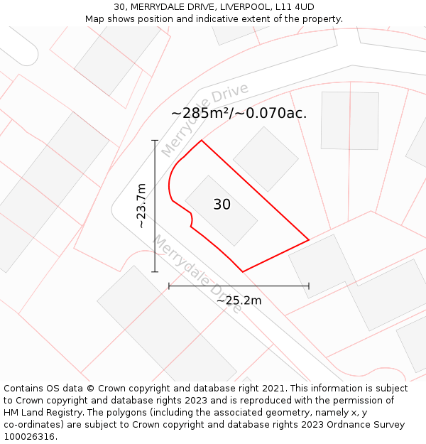 30, MERRYDALE DRIVE, LIVERPOOL, L11 4UD: Plot and title map