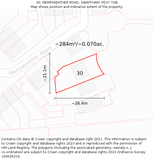 30, MERRYWEATHER ROAD, SWAFFHAM, PE37 7GB: Plot and title map