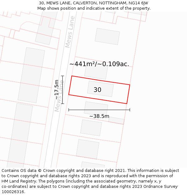 30, MEWS LANE, CALVERTON, NOTTINGHAM, NG14 6JW: Plot and title map