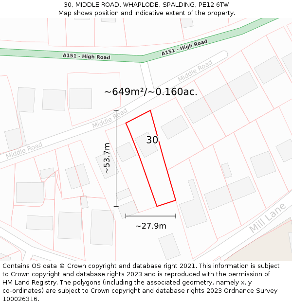 30, MIDDLE ROAD, WHAPLODE, SPALDING, PE12 6TW: Plot and title map