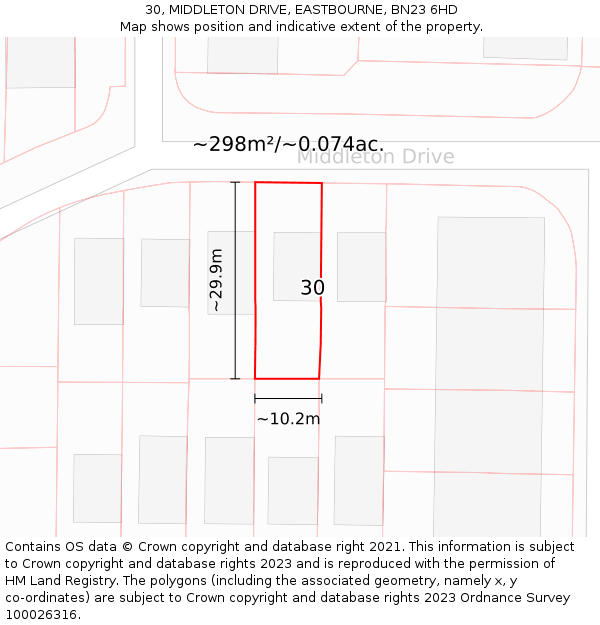 30, MIDDLETON DRIVE, EASTBOURNE, BN23 6HD: Plot and title map