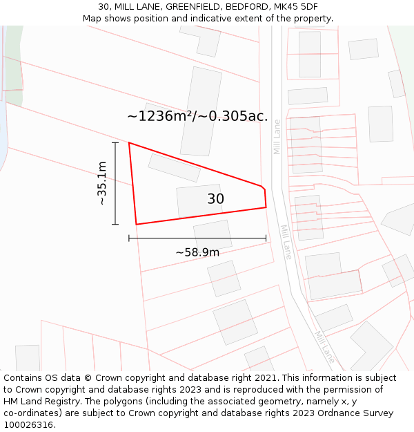 30, MILL LANE, GREENFIELD, BEDFORD, MK45 5DF: Plot and title map