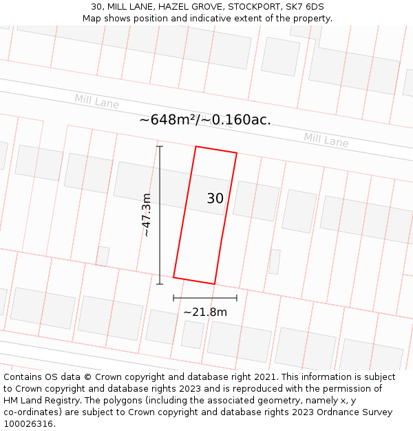 30, MILL LANE, HAZEL GROVE, STOCKPORT, SK7 6DS: Plot and title map