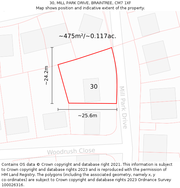 30, MILL PARK DRIVE, BRAINTREE, CM7 1XF: Plot and title map