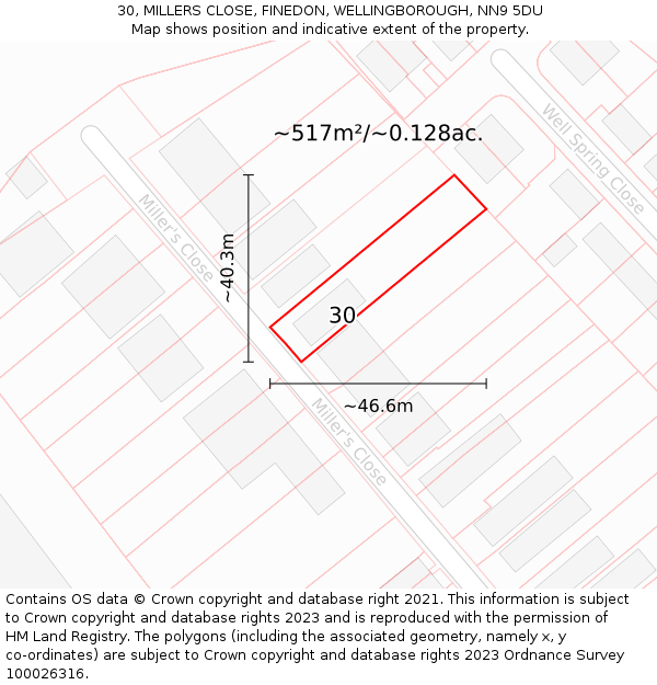 30, MILLERS CLOSE, FINEDON, WELLINGBOROUGH, NN9 5DU: Plot and title map