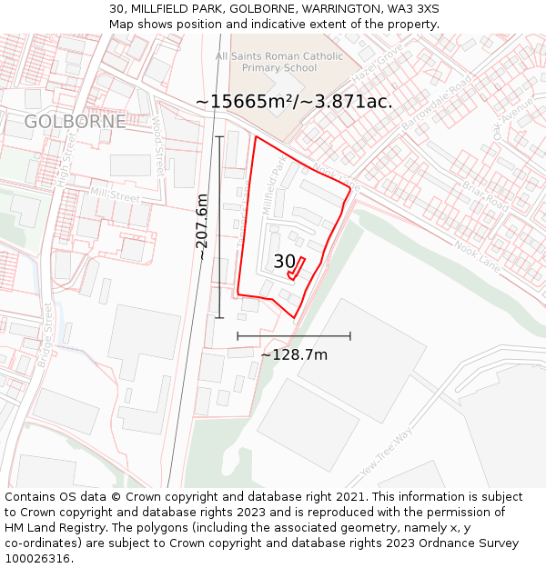 30, MILLFIELD PARK, GOLBORNE, WARRINGTON, WA3 3XS: Plot and title map