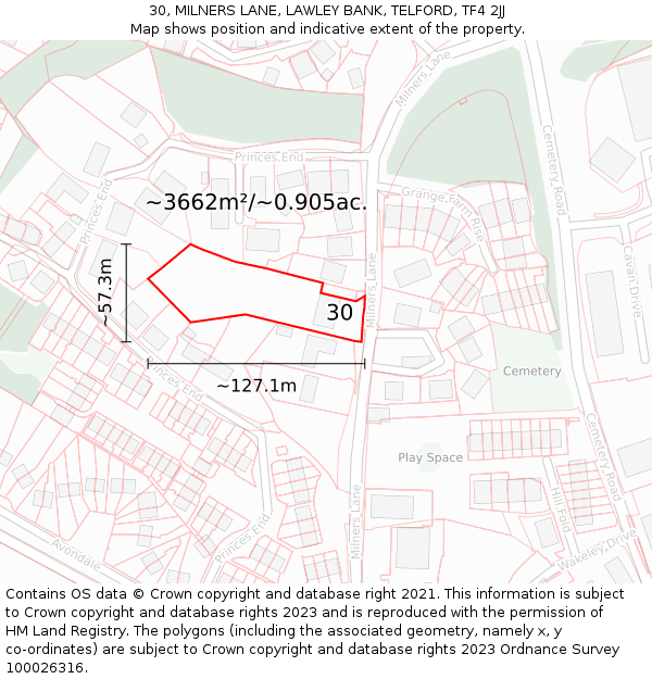 30, MILNERS LANE, LAWLEY BANK, TELFORD, TF4 2JJ: Plot and title map