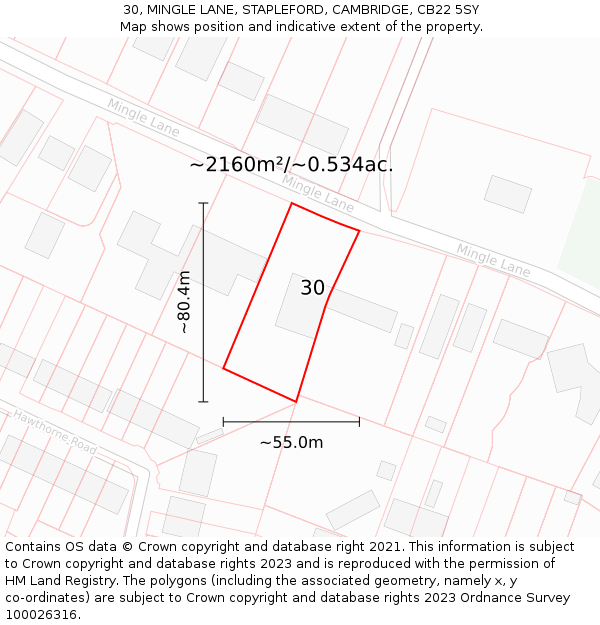 30, MINGLE LANE, STAPLEFORD, CAMBRIDGE, CB22 5SY: Plot and title map