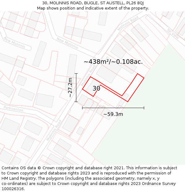 30, MOLINNIS ROAD, BUGLE, ST AUSTELL, PL26 8QJ: Plot and title map