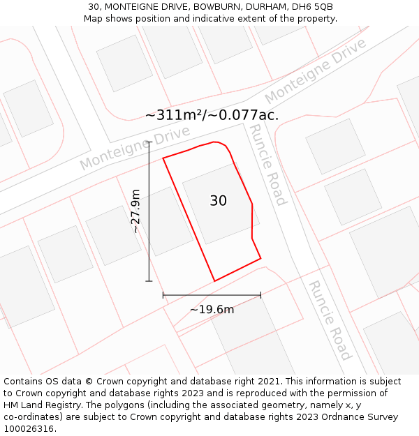 30, MONTEIGNE DRIVE, BOWBURN, DURHAM, DH6 5QB: Plot and title map