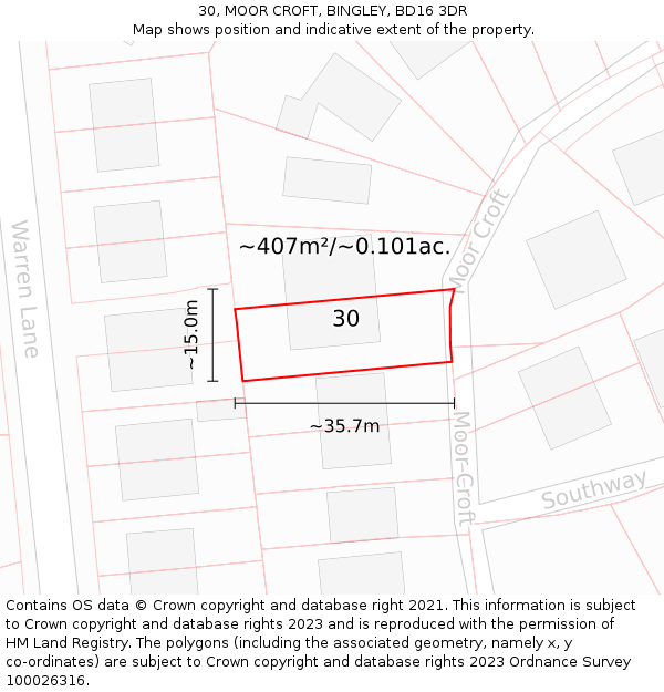 30, MOOR CROFT, BINGLEY, BD16 3DR: Plot and title map