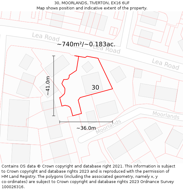 30, MOORLANDS, TIVERTON, EX16 6UF: Plot and title map