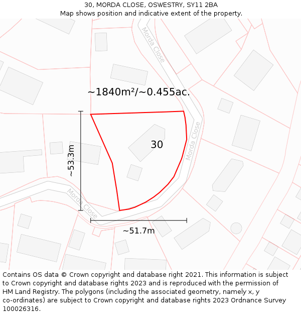 30, MORDA CLOSE, OSWESTRY, SY11 2BA: Plot and title map