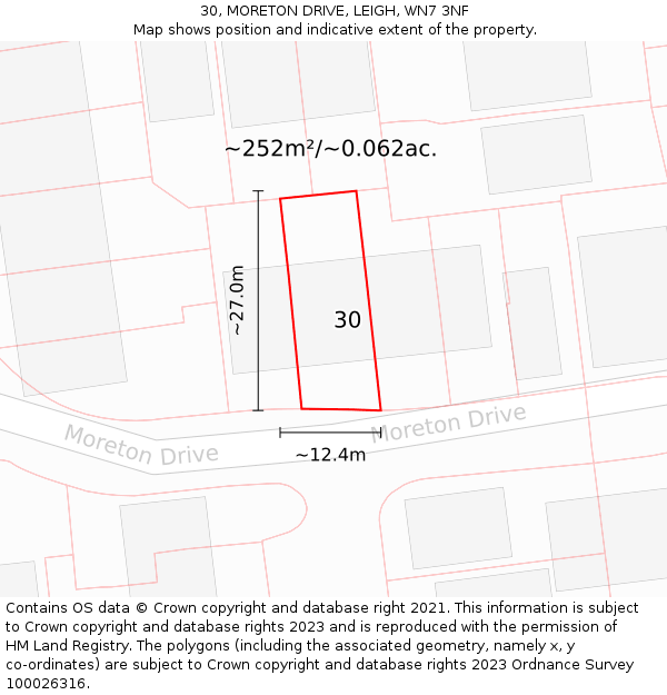 30, MORETON DRIVE, LEIGH, WN7 3NF: Plot and title map